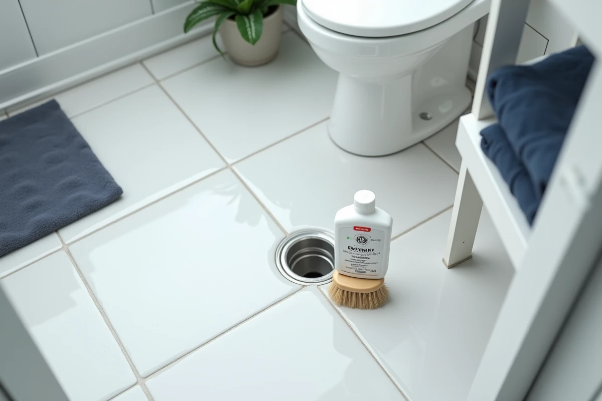 Produit nettoyant enzymatique et brosse posés près d'un siphon de salle de bain pour éliminer les larves de mouche après traitement