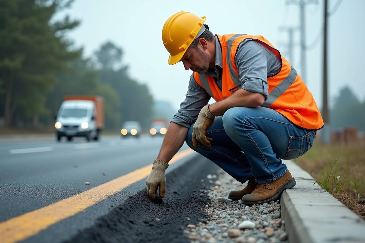 Ouvrier de chantier examinant la surface de la route