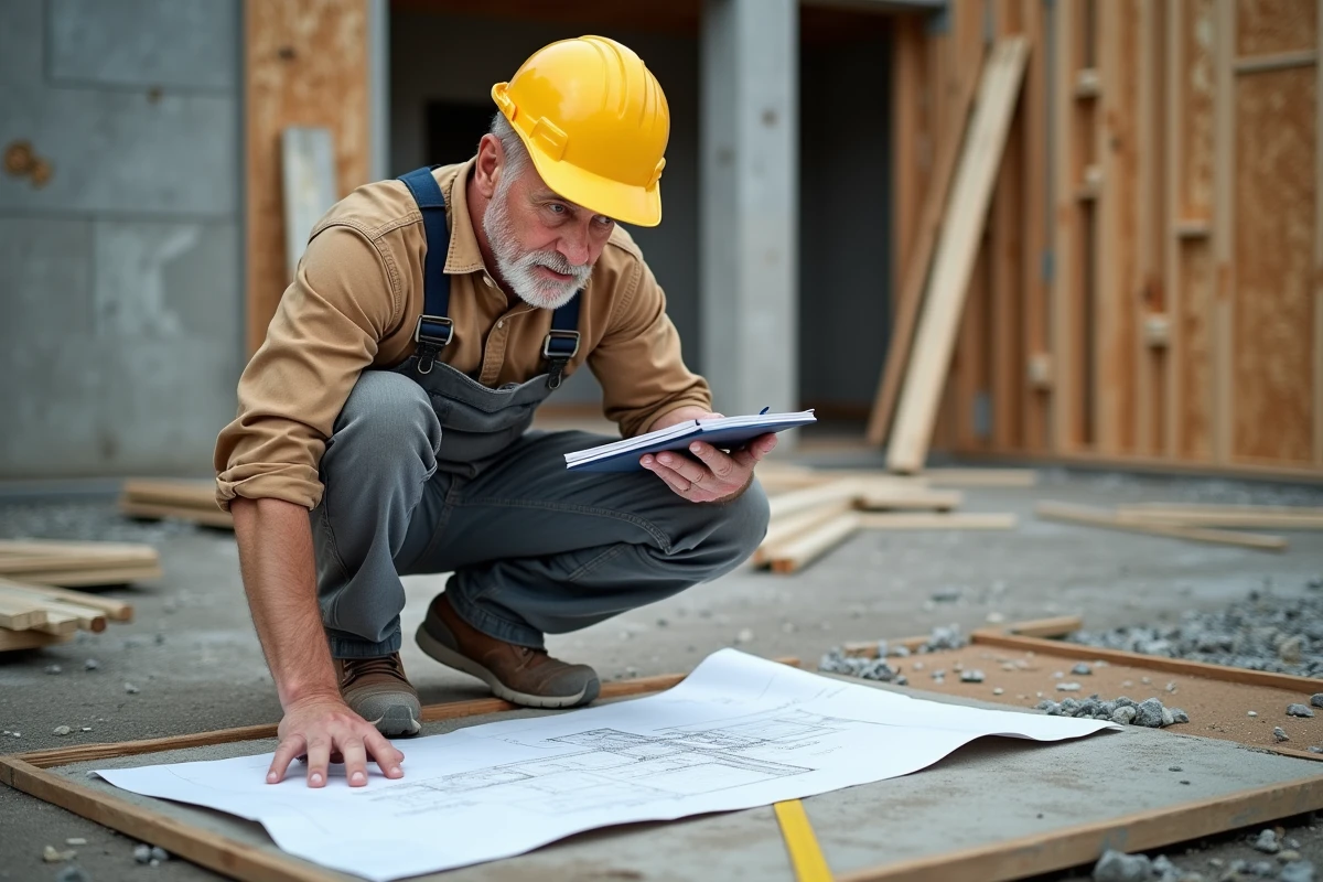 Ouvrier en tenue de chantier examinant un plan de construction