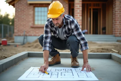 Ouvrier en pantalon de travail &eacute;tudie un plan de construction
