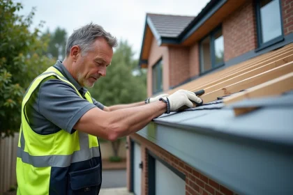 Ouvrier en vestiaire de s&eacute;curit&eacute; mesure un toit de garage