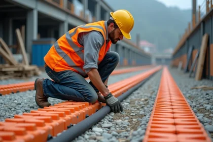 Ouvrier en casque jaune installe des rampes de protection de c&acirc;bles
