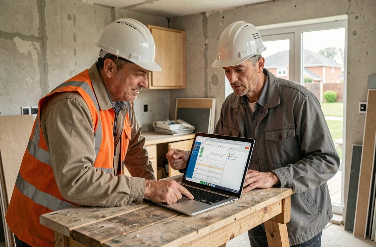 Deux ouvriers du bâtiment consultant un logiciel de suivi de chantier sur ordinateur portable lors d'une rénovation de cuisine