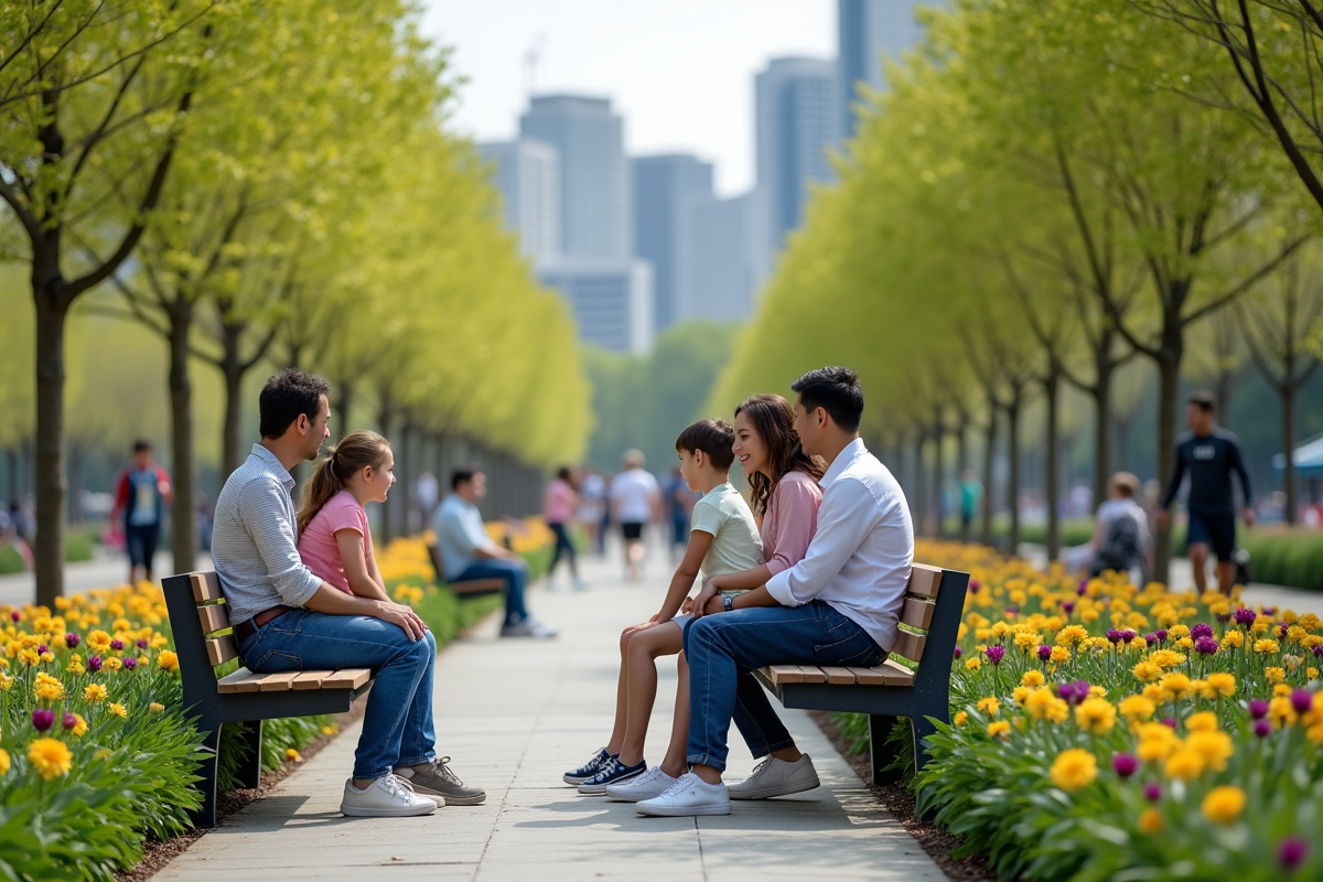 Groupe divers d'adultes et enfants dans un parc urbain en printemps