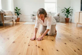 Femme examinant un parquet massif en pin écologique dans un salon de style scandinave aux tons chaleureux