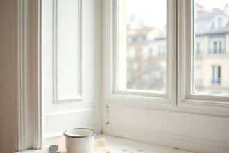 Peinture blanche appliquée sur une boiserie de fenêtre en bois dans un appartement haussmannien, avec pot de peinture et pinceau posés sur une bâche de protection