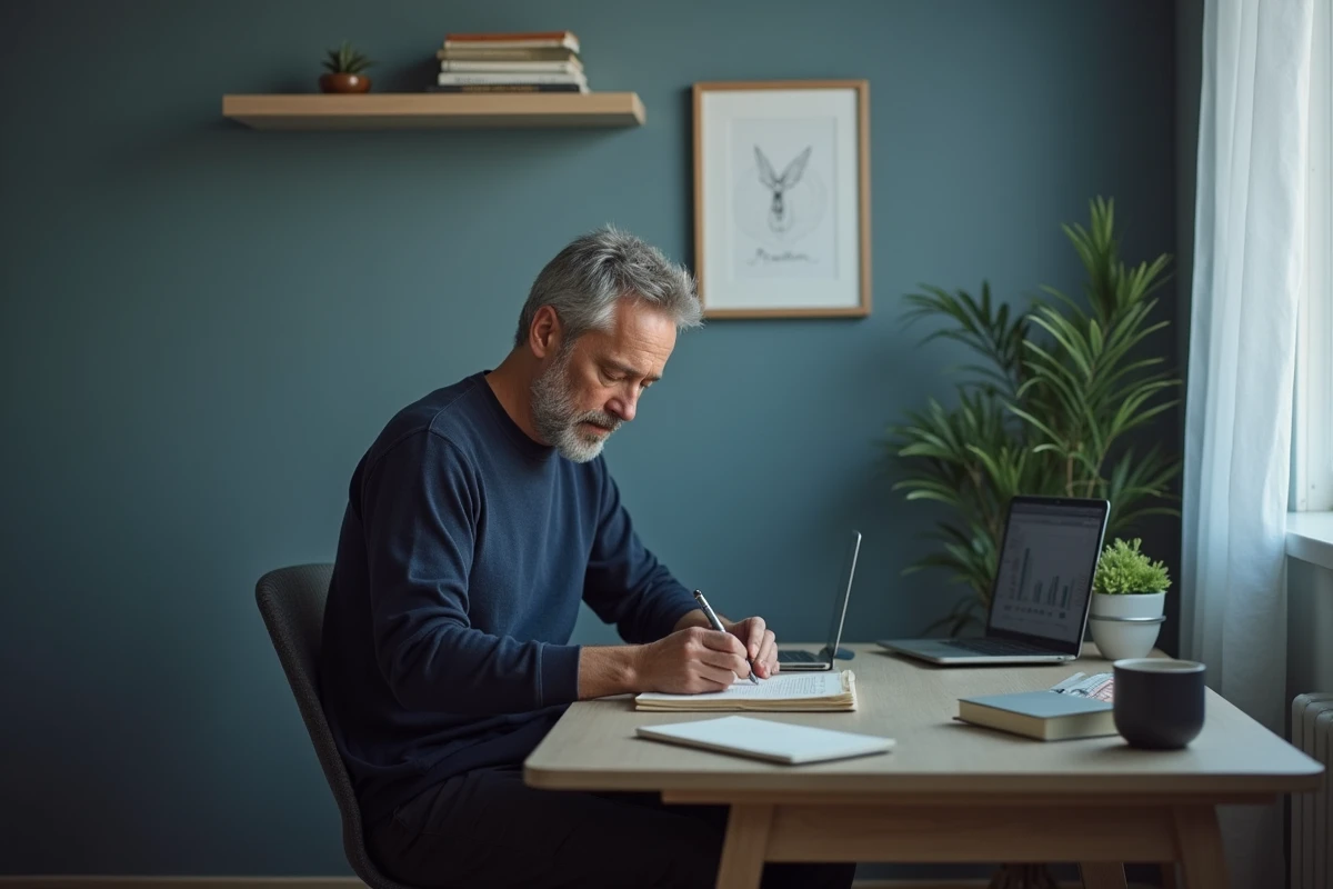 Homme concentré dans un bureau à domicile avec mur peint en bleu gris ardoise, tendance peinture 2026 pour la productivité