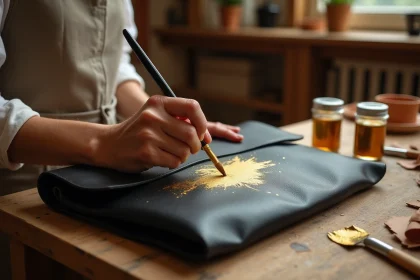 Mains appliquant de la peinture dorée sur un sac en cuir noir dans un atelier artisanal