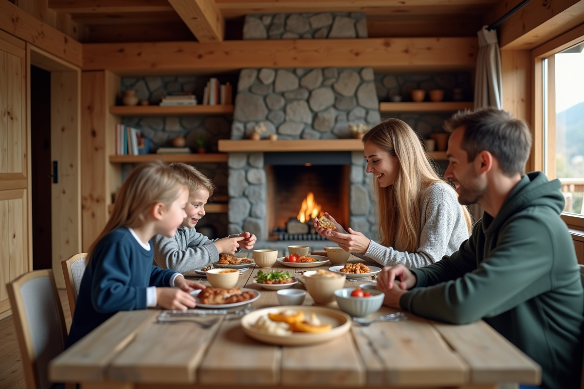 Famille partageant un petit déjeuner dans un intérieur en bois chaleureux