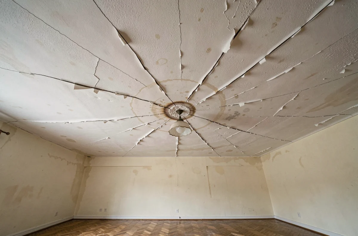 Plafond fissuré avec fissures et traces d'humidité dans un appartement ancien nécessitant une rénovation