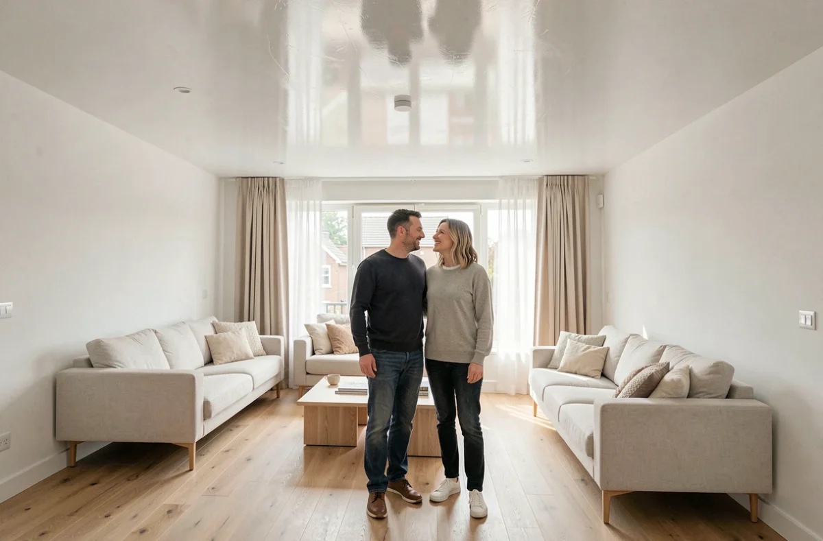 Couple satisfait admirant un plafond tendu neuf et lisse dans un salon moderne rénové
