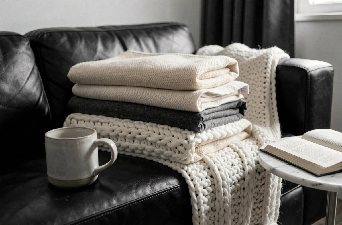 Gros plan sur des plaids et coussins en laine et coton empilés sur un canapé noir dans un salon décoré en noir et blanc
