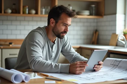 Homme planifiant des travaux de rénovation maison avec plans et tablette sur une table en bois