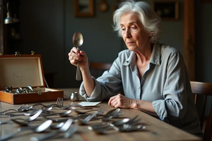 Femme examinant un poinçon sur une louche en métal argenté entourée d'une ménagère complète antique sur une table en bois