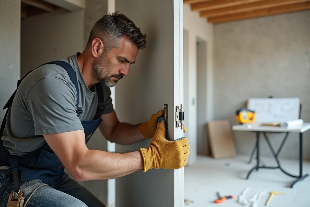 Installateur professionnel en train de poser un gond de porte invisible dans un appartement en rénovation haut de gamme