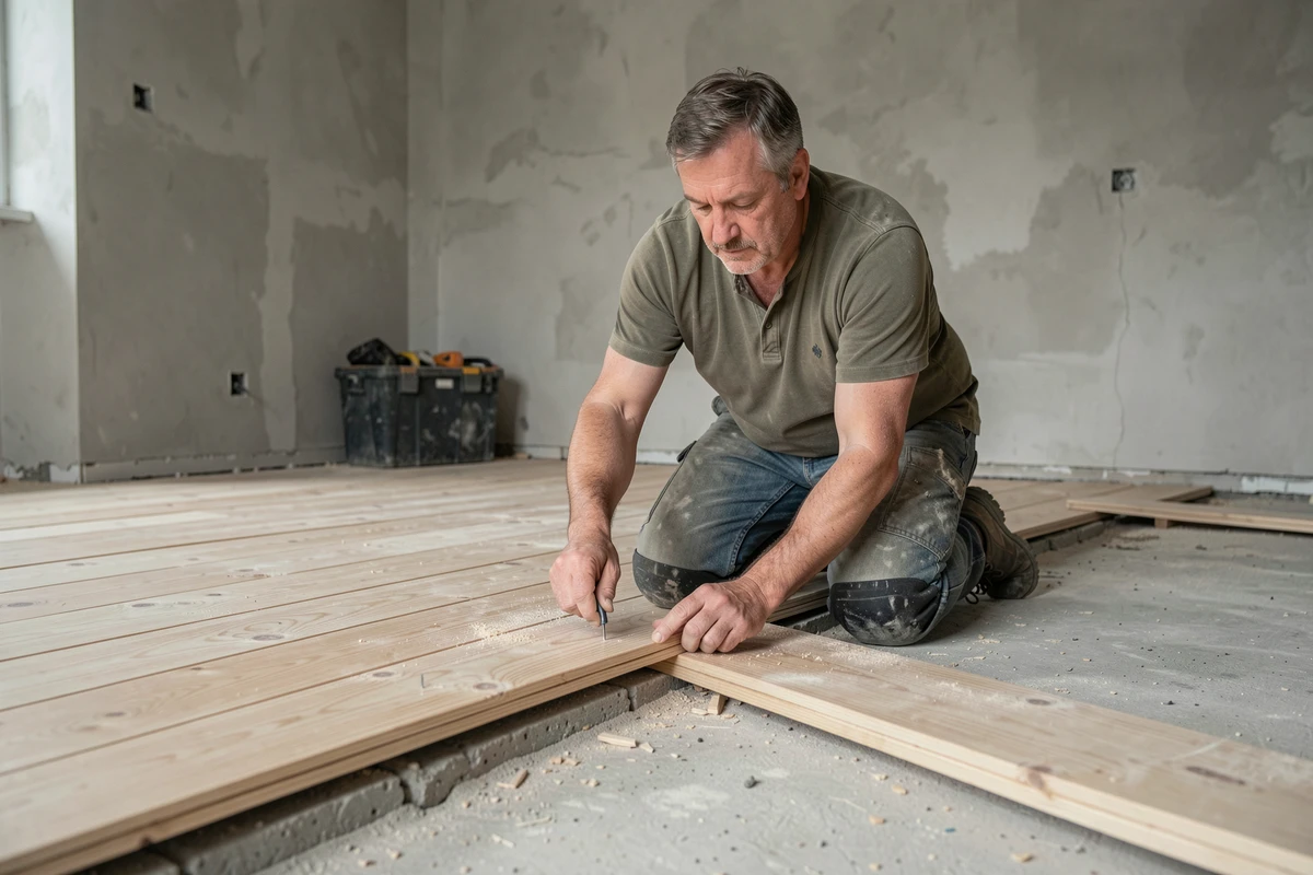 Artisan posant un parquet massif en pin lors de la rénovation d'un appartement, vue en cours de pose