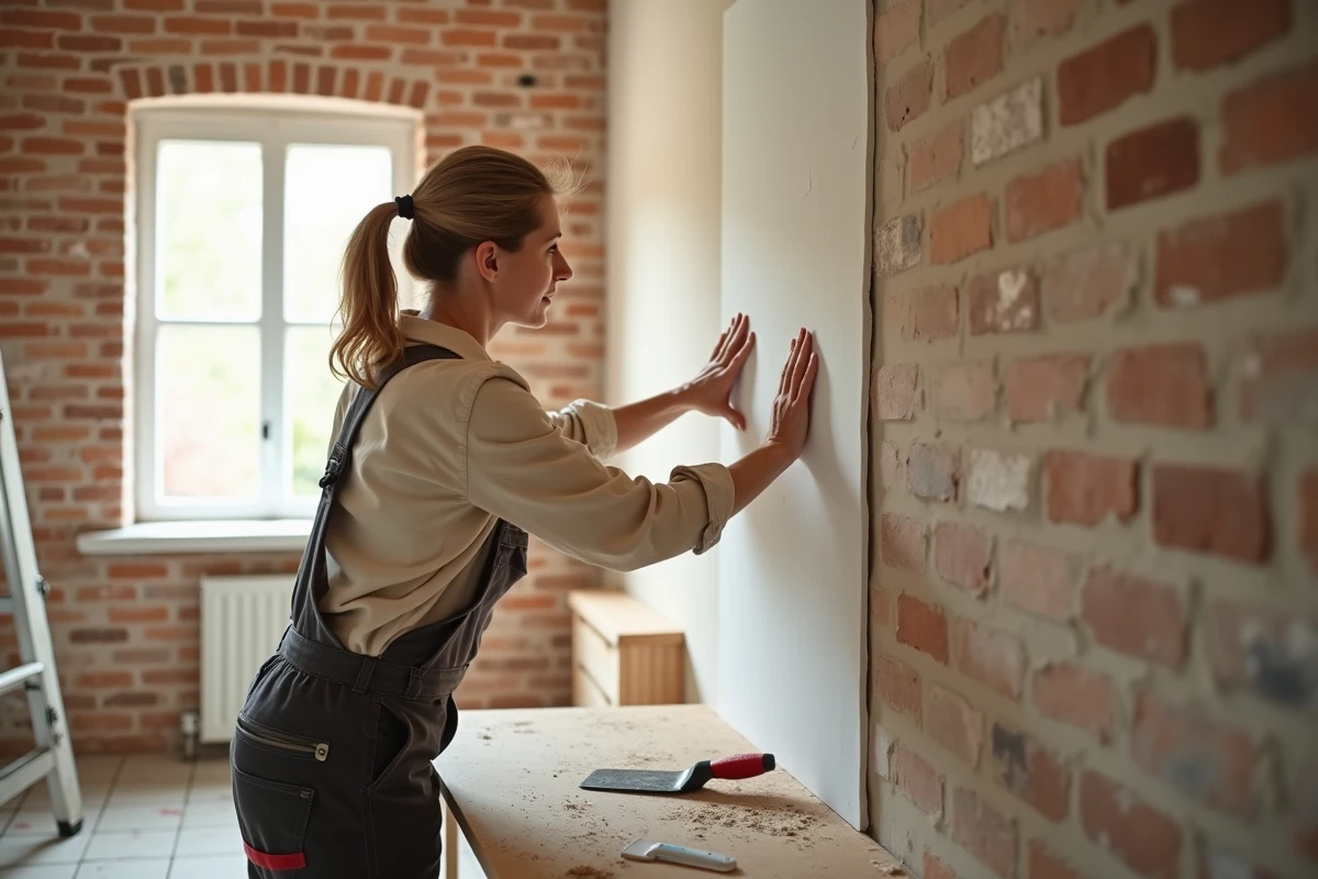 Femme bricoleur collant un panneau de placo contre un mur en brique dans un chantier de rénovation intérieure