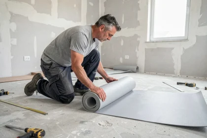 Homme posant un sol PVC en rouleau dans une pièce en rénovation, agenouillé sur le béton brut avec des outils autour de lui