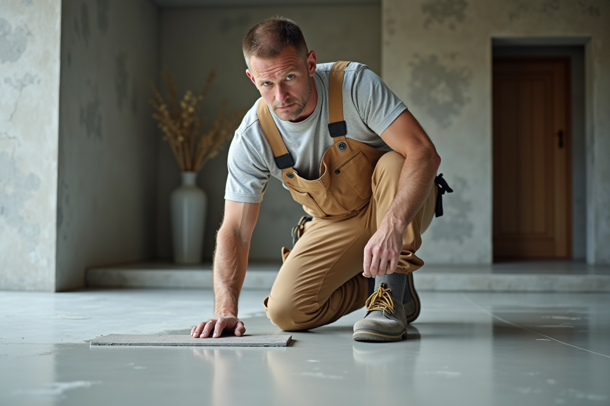 Hommes en overalls appliquant de la résine epoxy sur un sol en béton