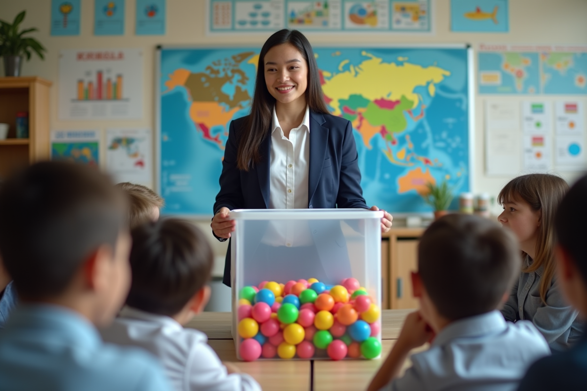 Jeune femme présentant un conteneur de balles colorées aux étudiants