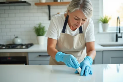 Femme appliquant un joint d'étanchéité autour d'un siphon de cuisine pour prévenir le retour des larves de mouche