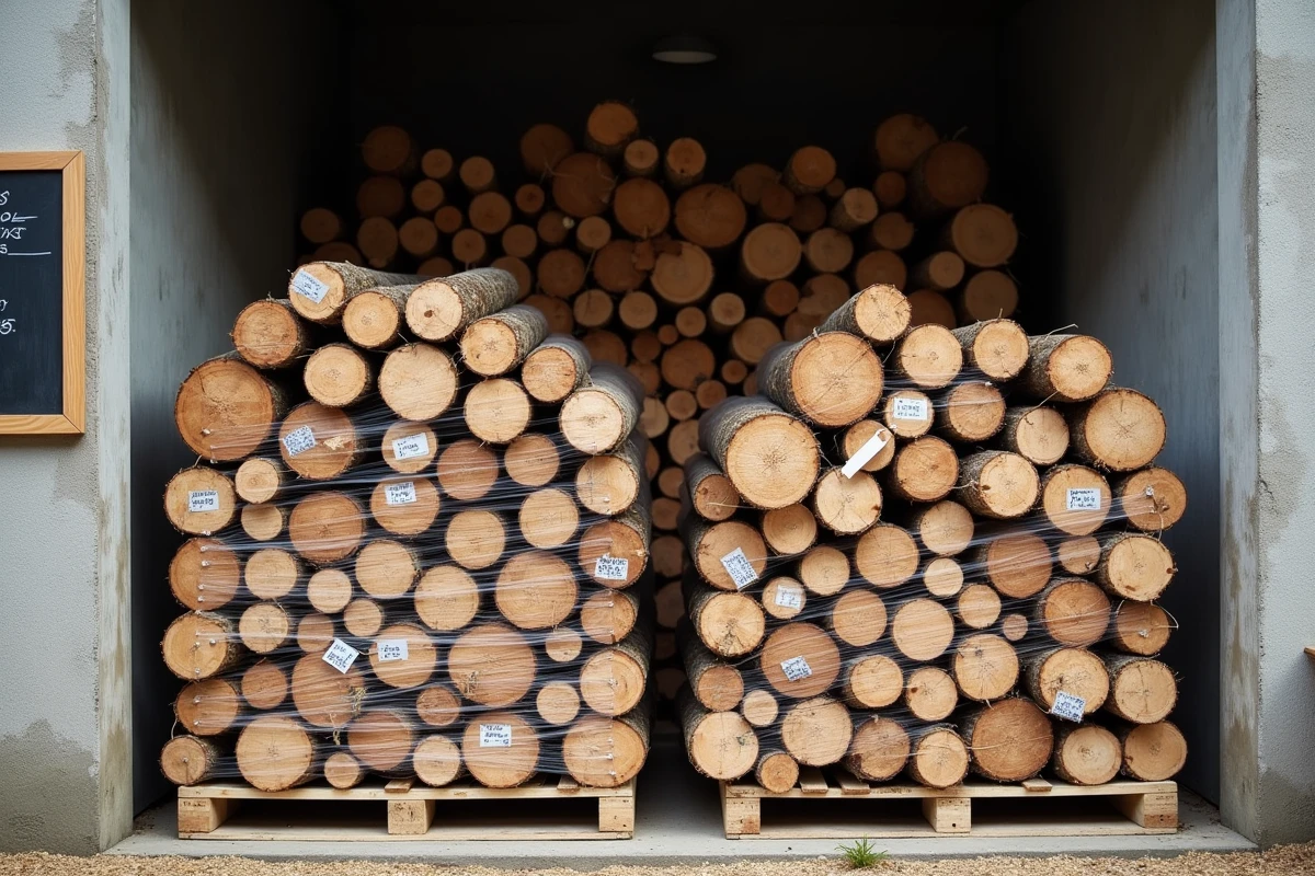 Stères de bois de chauffage emballés sur palettes avec étiquettes de prix dans un point de vente local