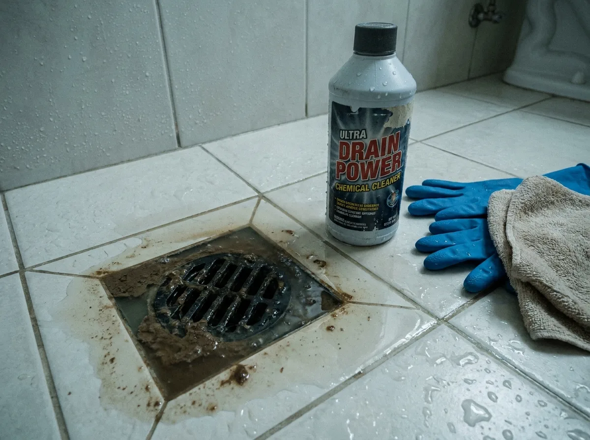 Produit déboucheur chimique versé dans un siphon de douche bouché avec des gants de protection posés à côté