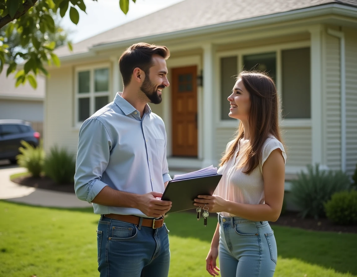 Couple de propriétaires devant leur maison avec documents d'assurance habitation