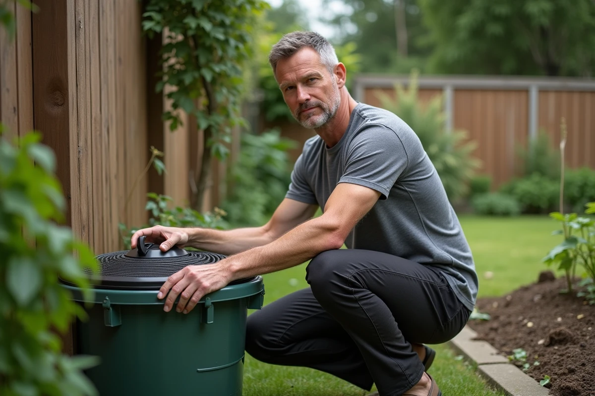Homme sécurisant un bac à compost extérieur avec un couvercle grillagé pour éviter la prolifération des larves de mouche