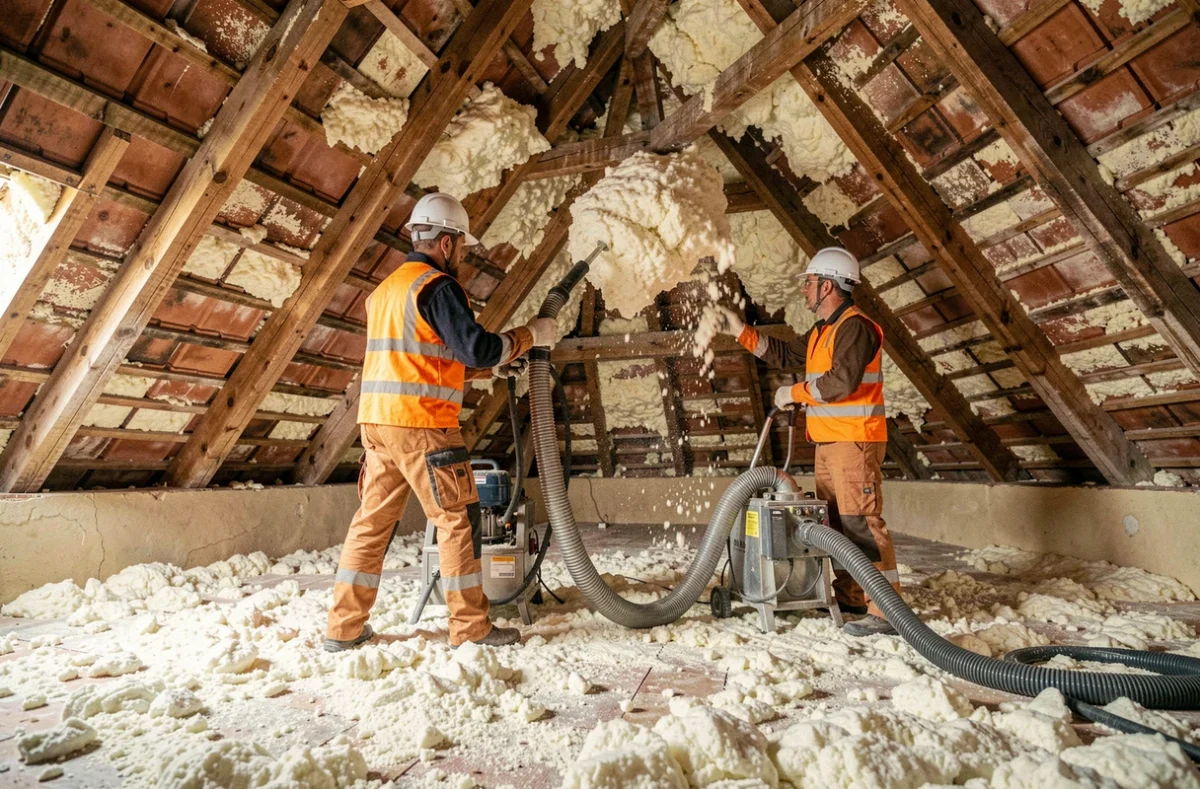 Équipe de Provence Isolation soufflant de la ouate de cellulose dans les combles d'une maison de ville provençale avec des chevrons apparents