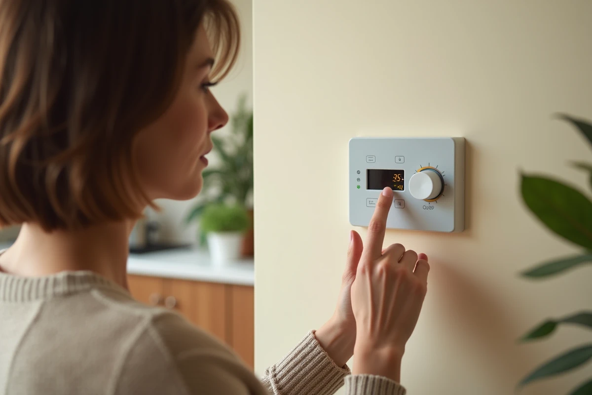 Femme réglant le thermostat d'un accumulateur électrique dans une cuisine moderne
