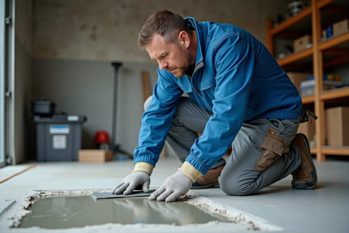 Ouvrier réparant une fissure dans un sol de garage en béton