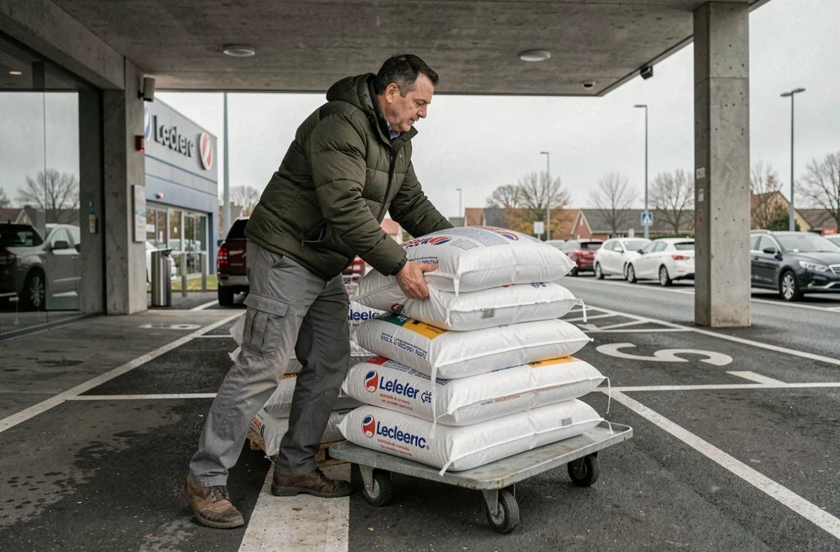 Client chargeant des sacs de pellets de bois commandés au drive Leclerc sur un chariot plat