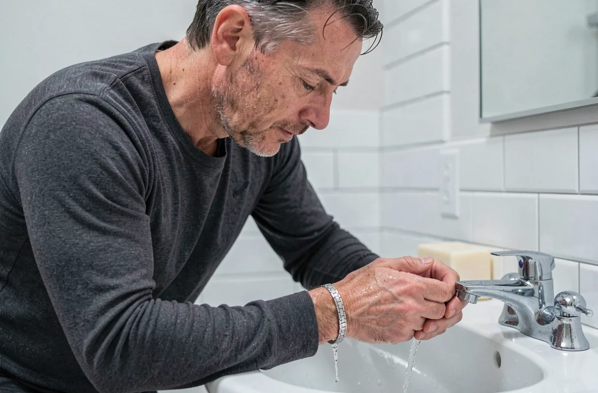 Homme rinçant un bracelet en argent nettoyé sous l'eau du robinet dans une salle de bain carrelée