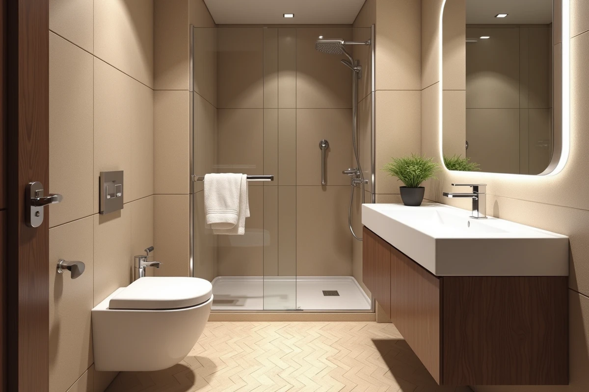 Vue complète d'une salle de bain moderne de taille moyenne montrant l'agencement optimal de l'espace