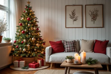 Salon scandinave décoré pour Noël avec sapin illuminé, bougies et accessoires de décoration en tons chauds
