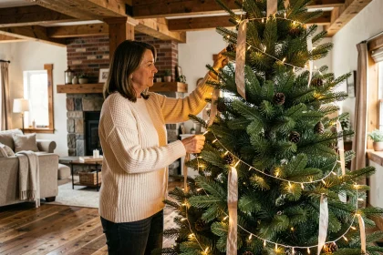Femme décorant un sapin de Noël avec une guirlande LED éco-responsable dans un salon en bois chaleureux