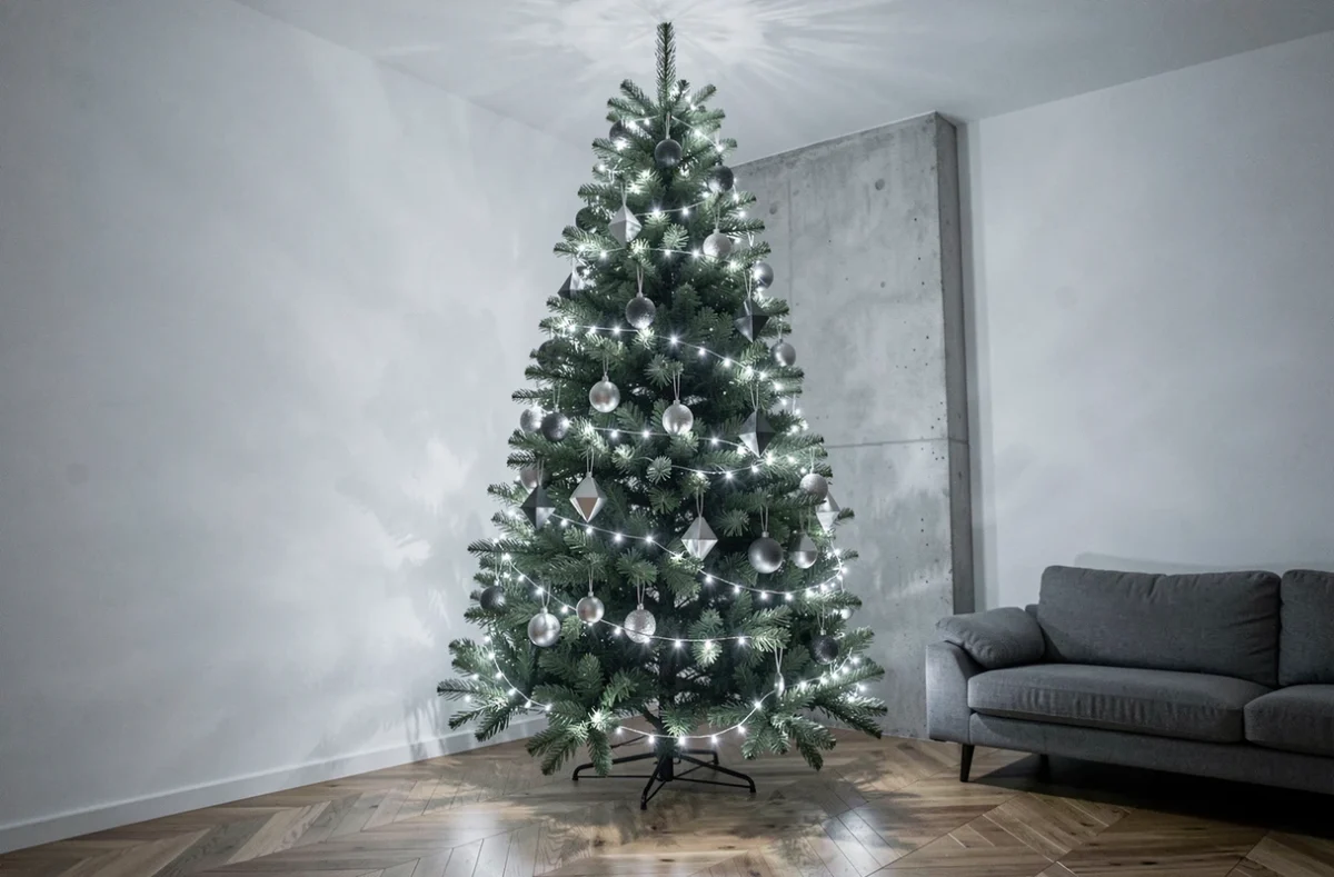Sapin de Noël entièrement décoré de guirlandes LED blanches dans un appartement moderne minimaliste au style épuré