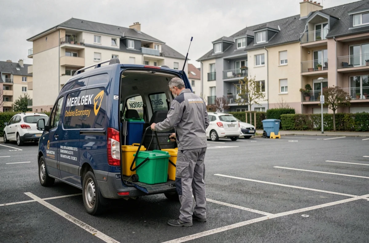 Agent de Sarl Agenor chargeant du matériel de nettoyage dans un véhicule utilitaire entre deux sites