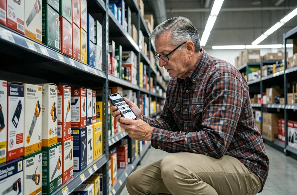 Homme âgé consultant un guide d'outillage sur smartphone dans un rayon de quincaillerie pour comparer des scies