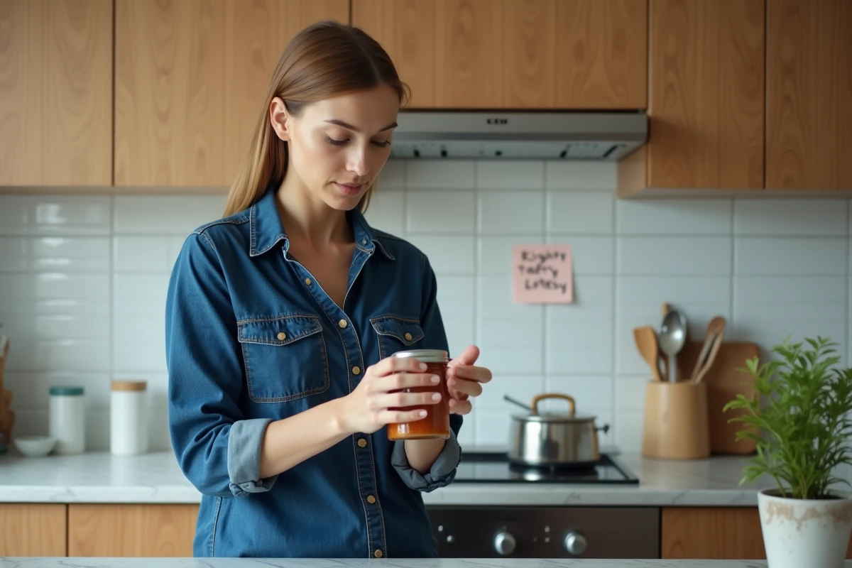 Femme montrant le sens de dévissage dans le sens antihoraire avec un pot et un mémo sur un meuble de cuisine