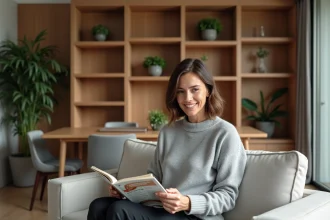 Femme lisant dans un salon moderne avec cloison en bois