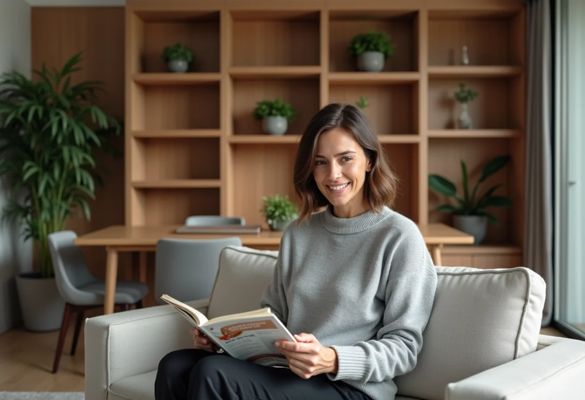 Femme lisant dans un salon moderne avec cloison en bois