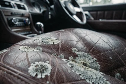 Siège de voiture en cuir marron avec des taches de moisissures blanches et grises visibles sur les coutures et la surface
