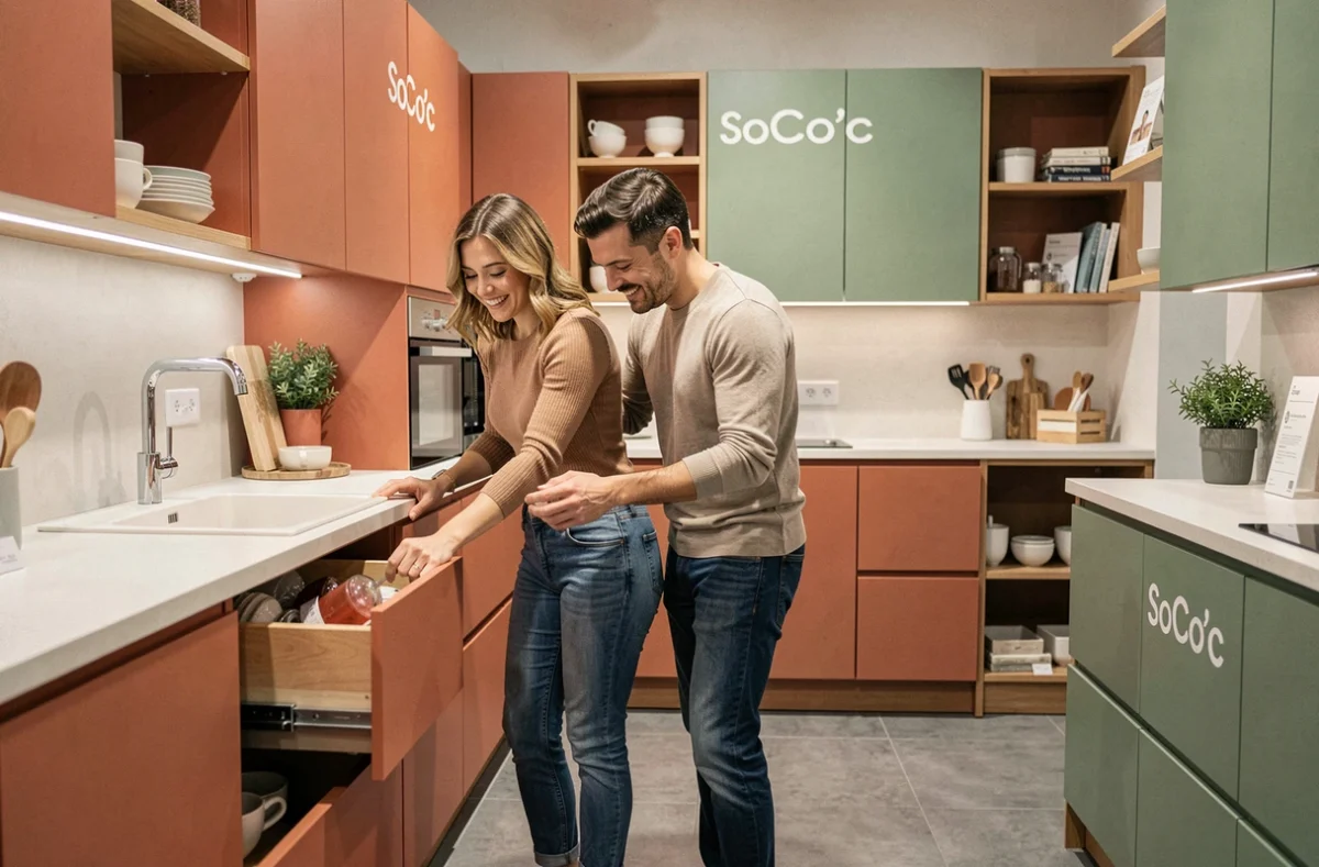 Couple visitant le showroom SoCoo'c Poitiers et explorant une cuisine colorée en terracotta et vert sauge