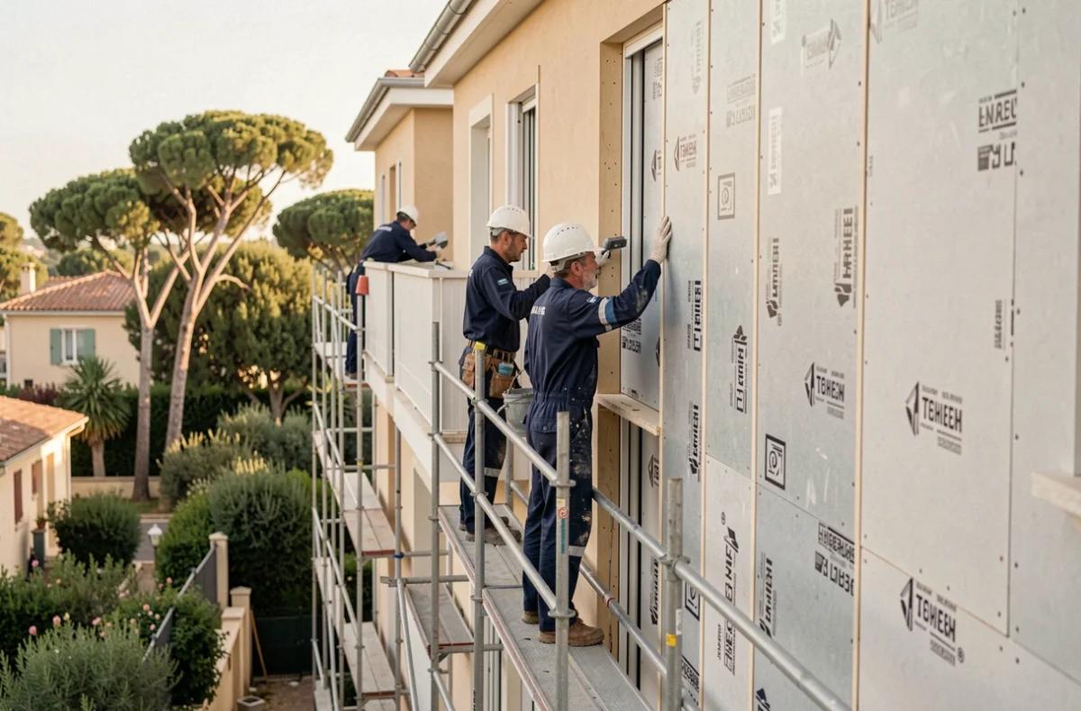 Équipe de Sud Isolation Provence installant un système d'isolation thermique par l'extérieur sur un immeuble résidentiel dans la banlieue de Marseille