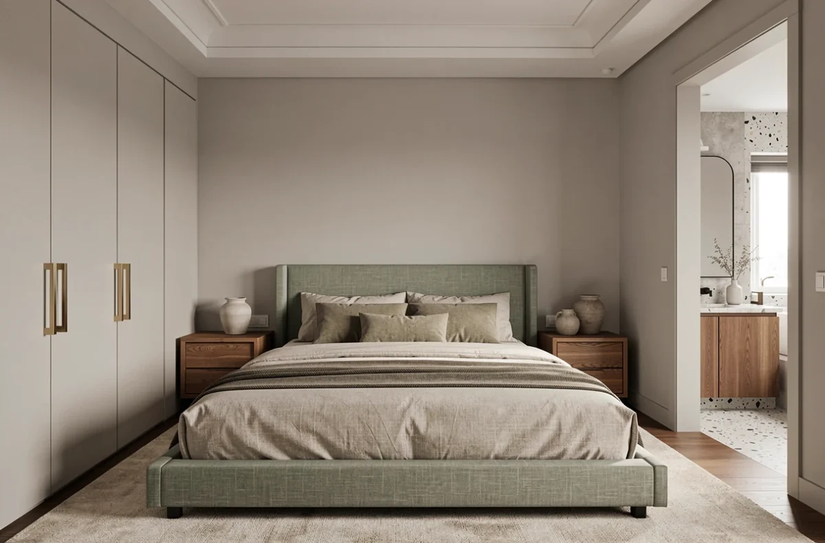 Suite parentale moderne aménagée par un architecte d'intérieur avec tête de lit en lin, mobilier en bois et aperçu de salle de bain en terrazzo