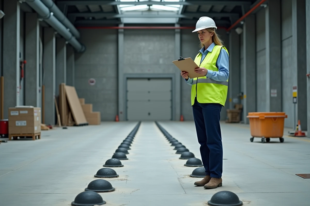 Superviseure inspecte des protections de c&acirc;bles dans un entrep&ocirc;t