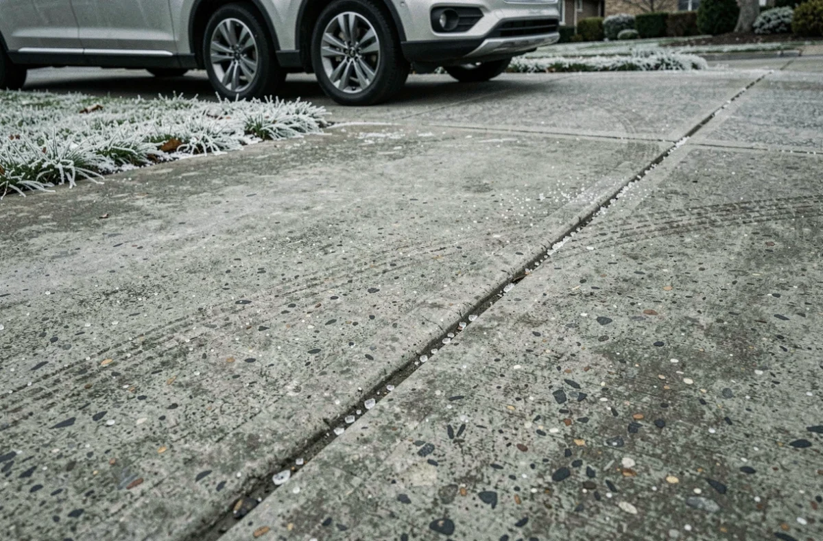 Surface en béton dosé résistant au gel et au trafic routier sur une allée de maison individuelle après plusieurs hivers