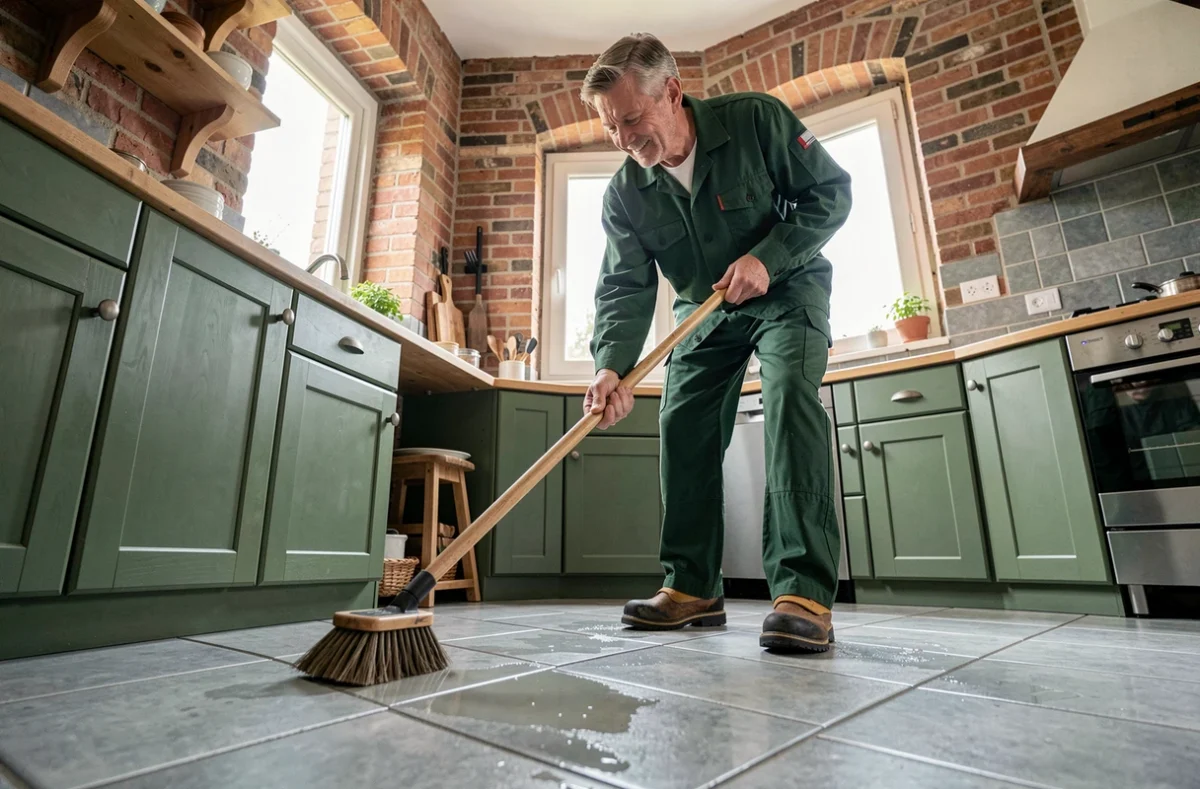 Technicien de Sylvain Nettoyage récurant le sol d'une cuisine dans une maison du Pas-de-Calais
